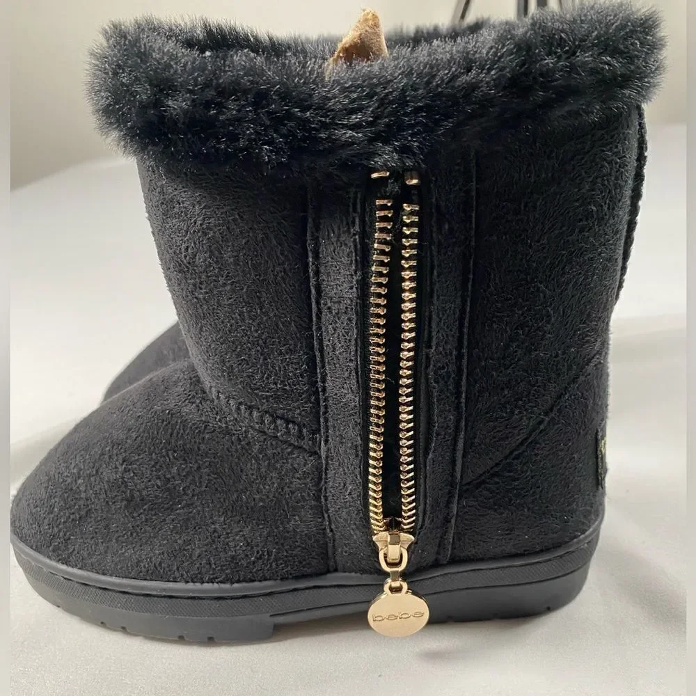 NWT Bebe Little Girls Black Faux Fur Lined Trendy Boots Gold Accents - Size 12